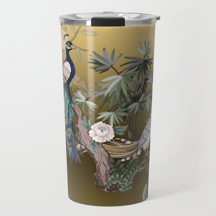 Chinoiserie Oriental Golden Peacock Fresco Art Travel Mug Gallery Image 1