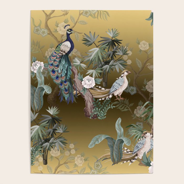 Chinoiserie Oriental Golden Peacock Fresco Art Poster Gallery Image 4