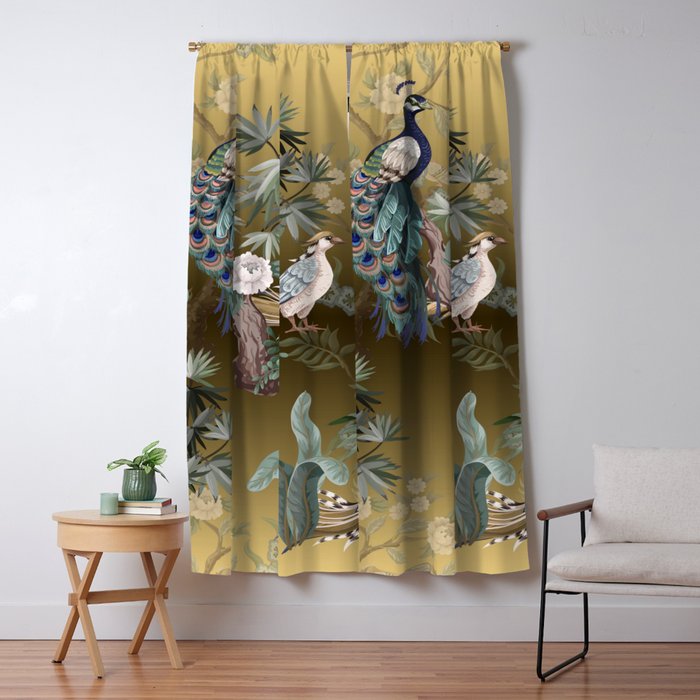 Chinoiserie Oriental Golden Peacock Fresco Art Window Curtain Gallery Image 5