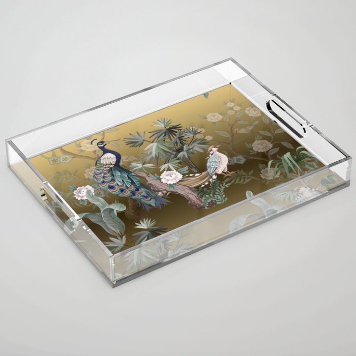 Chinoiserie Oriental Golden Peacock Fresco Art Acrylic Tray Gallery Image 1