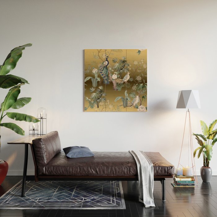 Chinoiserie Oriental Golden Peacock Fresco Art Wood Wall Art Gallery Image 2