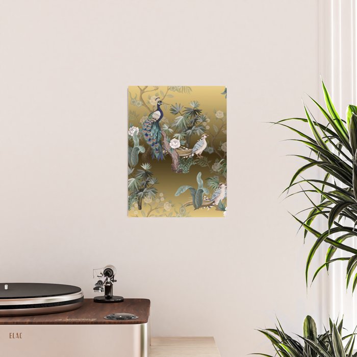 Chinoiserie Oriental Golden Peacock Fresco Art Poster Gallery Image 2