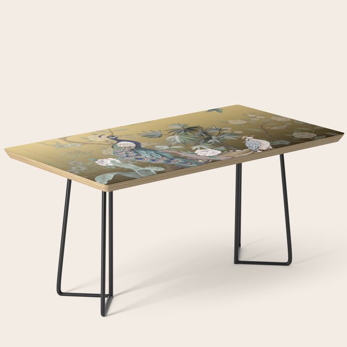 Chinoiserie Oriental Golden Peacock Fresco Art Coffee Table Gallery Image 1