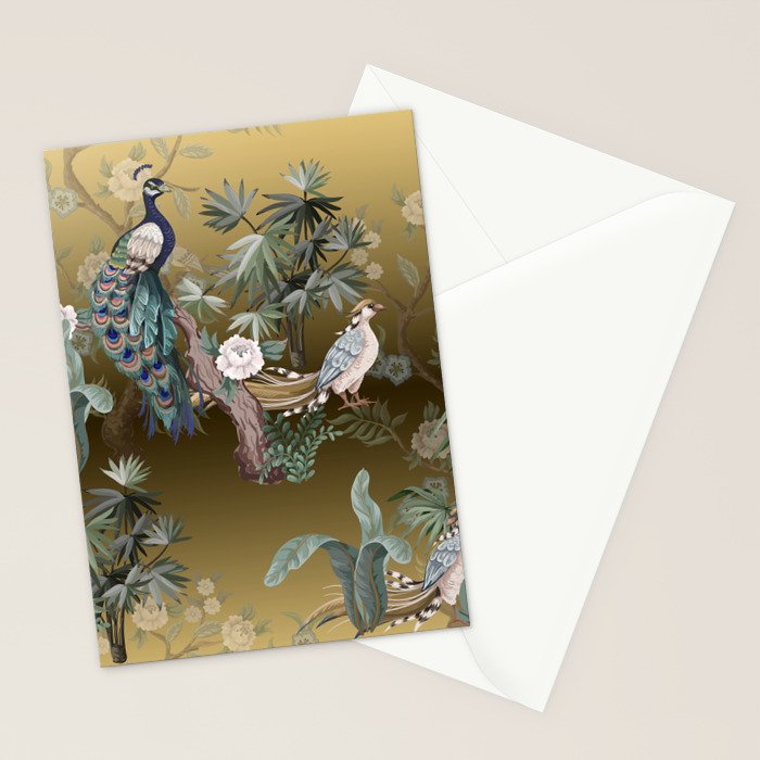 Chinoiserie Oriental Golden Peacock Fresco Art Stationery Card Gallery Image 2