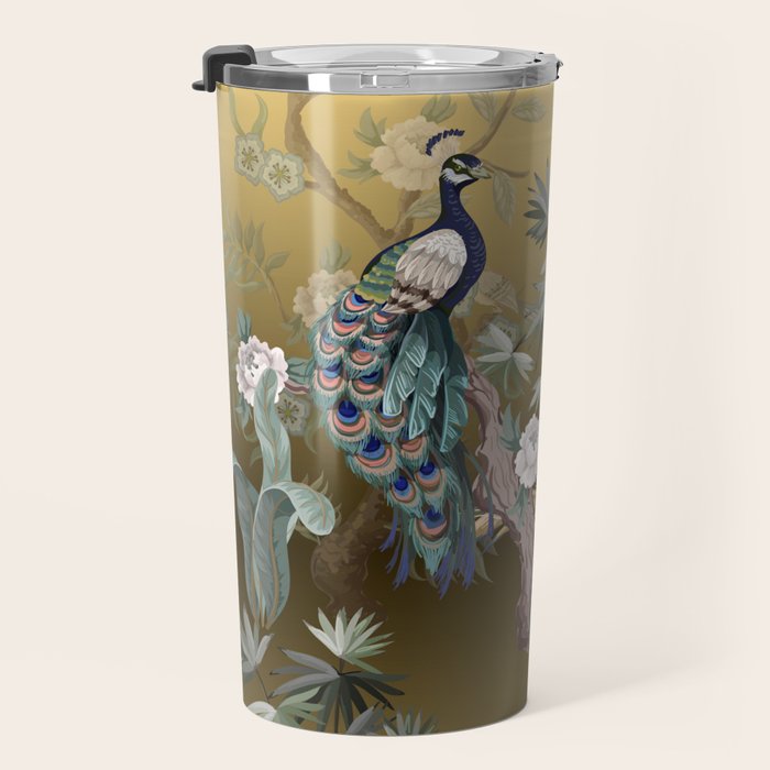Chinoiserie Oriental Golden Peacock Fresco Art Travel Mug Gallery Image 3