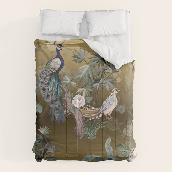 Chinoiserie Oriental Golden Peacock Fresco Art Comforter Gallery Image 6