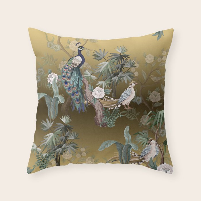 Chinoiserie Oriental Golden Peacock Fresco Art Throw Pillow Gallery Image 1