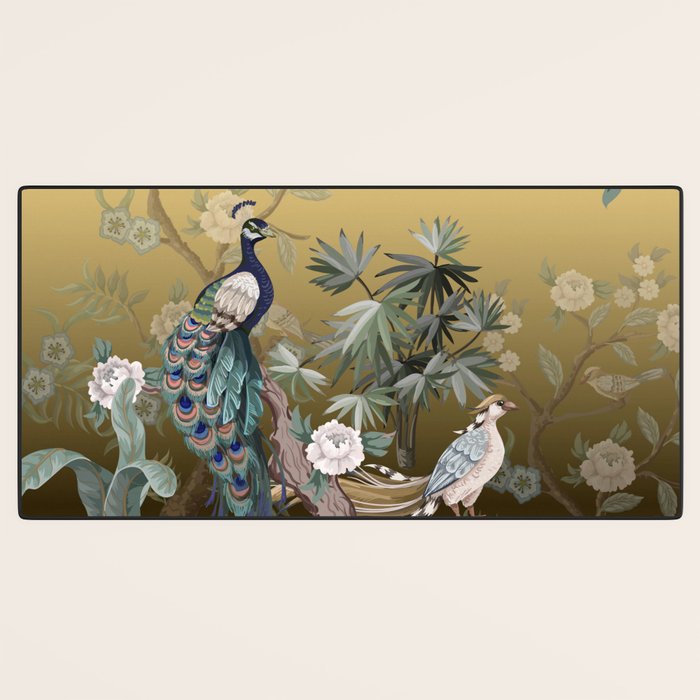 Chinoiserie Oriental Golden Peacock Fresco Art Desk Mat Gallery Image 3