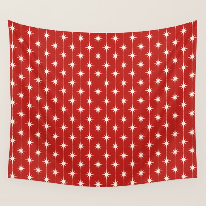 Midcentury Stars and Dots Red and Cream Pattern Wall Tapestry Gallery Image 4