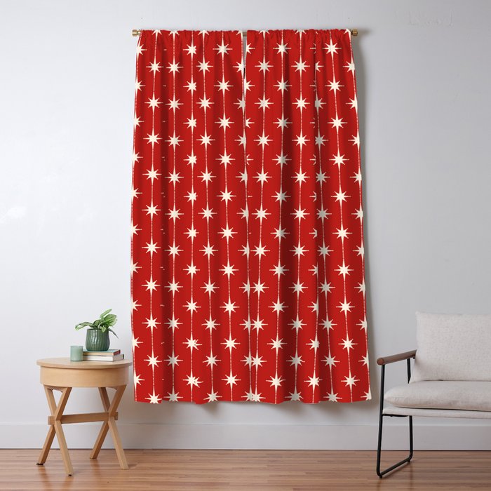 Midcentury Stars and Dots Red and Cream Pattern Window Curtain Gallery Image 5