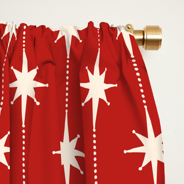Midcentury Stars and Dots Red and Cream Pattern Window Curtain Gallery Image 2