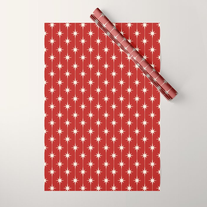 Midcentury Stars and Dots Red and Cream Pattern Wrapping Paper Gallery Image 1