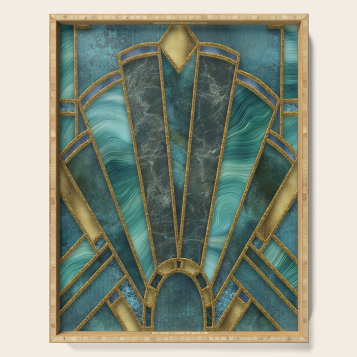 Elegant Stained Glass Art Deco Window With Marble And Gemstone Serving Tray