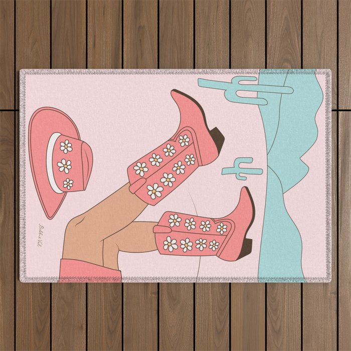 Cute Desert Cowgirl Pink Cowboy Boots Daisy Outdoor Rug Gallery Image 1
