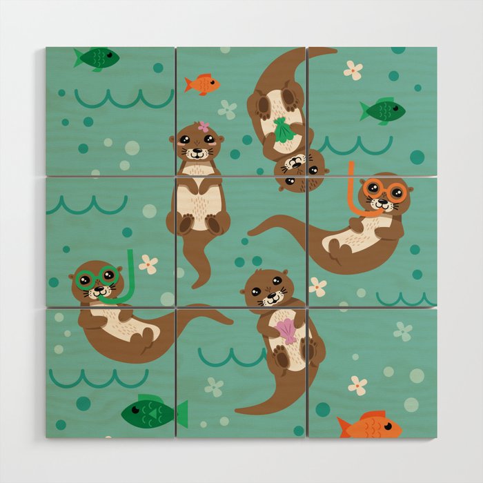 Kawaii Otters Playing Underwater Wood Wall Art Gallery Image 1