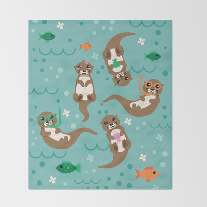 Kawaii Otters Playing Underwater Throw Blanket Gallery Image 2