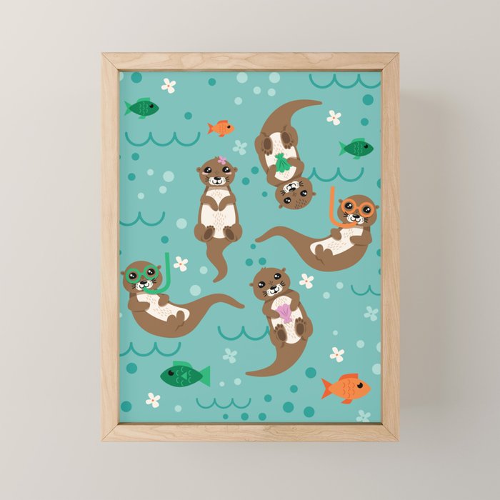 Kawaii Otters Playing Underwater Mini Art Print Gallery Image 1