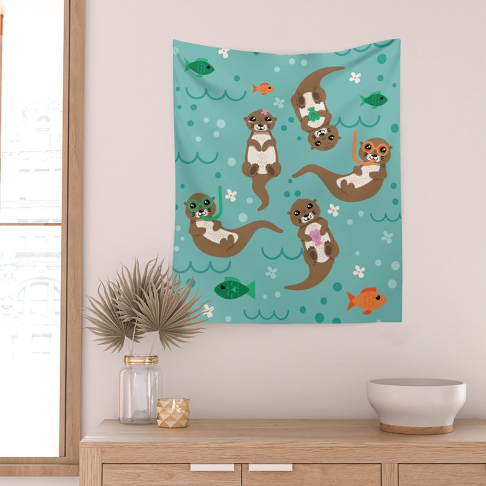 Kawaii Otters Playing Underwater Wall Tapestry Gallery Image 2
