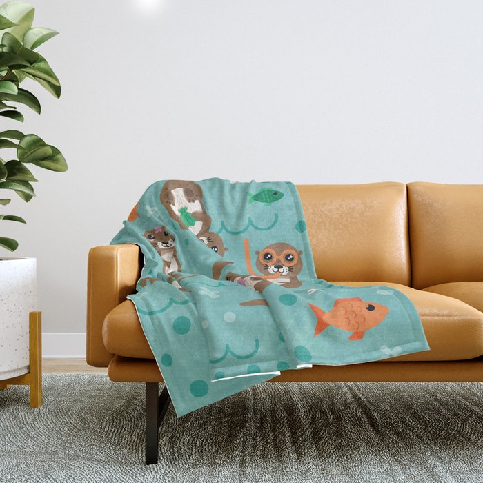 Kawaii Otters Playing Underwater Throw Blanket Gallery Image 1