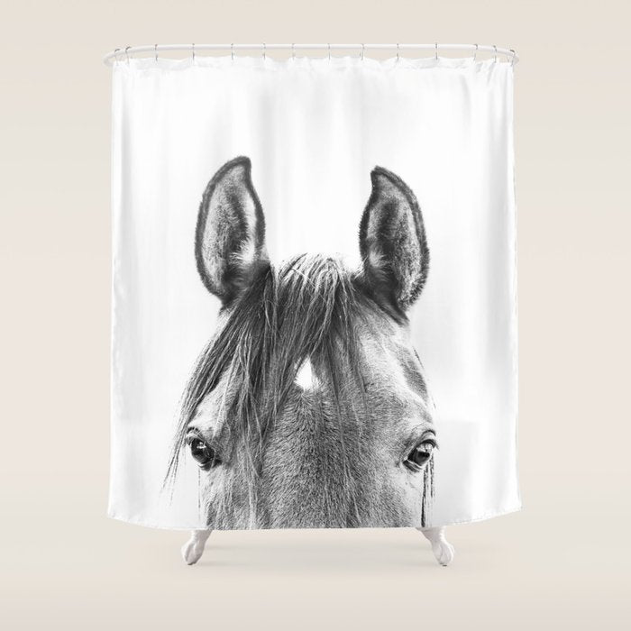 peekaboo horse, bw horse print, horse photo, equestrian print, equestrian photo, equestrian decor Shower Curtain Gallery Image 1