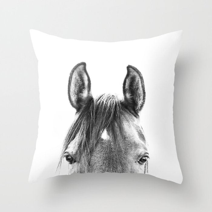 peekaboo horse, bw horse print, horse photo, equestrian print, equestrian photo, equestrian decor Throw Pillow Gallery Image 6