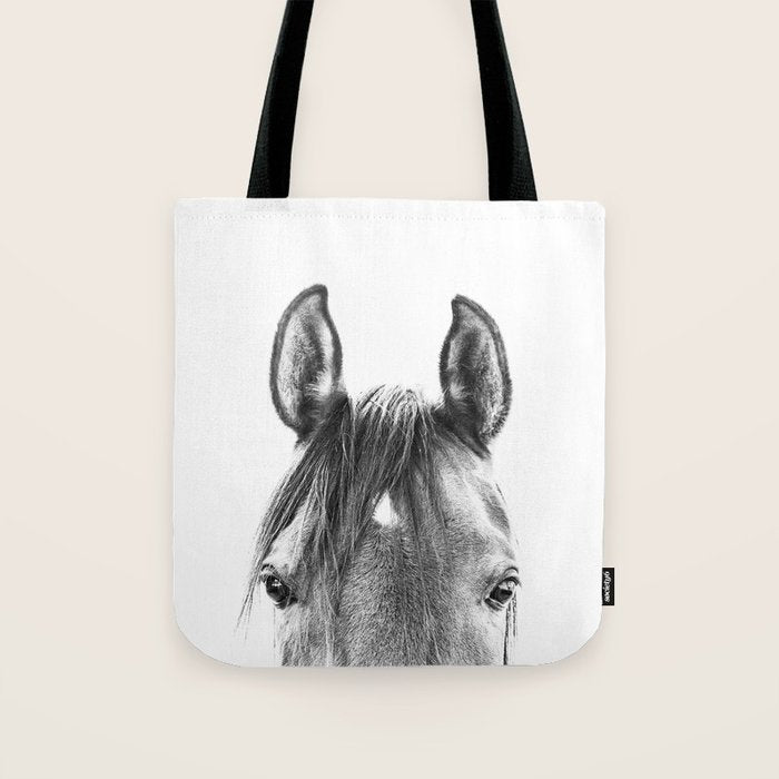 peekaboo horse, bw horse print, horse photo, equestrian print, equestrian photo, equestrian decor Tote Bag Gallery Image 1