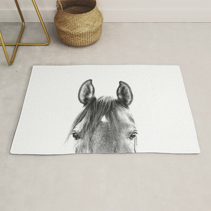 peekaboo horse, bw horse print, horse photo, equestrian print, equestrian photo, equestrian decor Rug Gallery Image 1