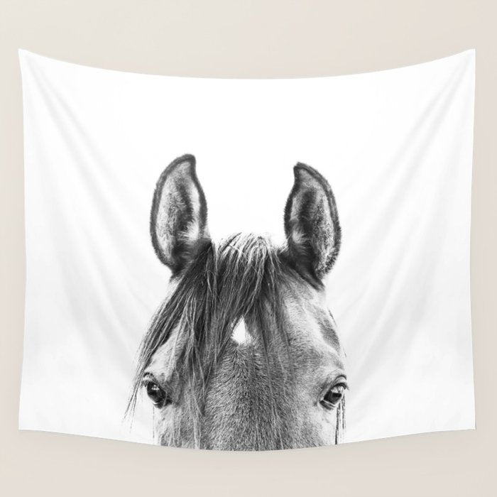 peekaboo horse, bw horse print, horse photo, equestrian print, equestrian photo, equestrian decor Wall Tapestry Gallery Image 1