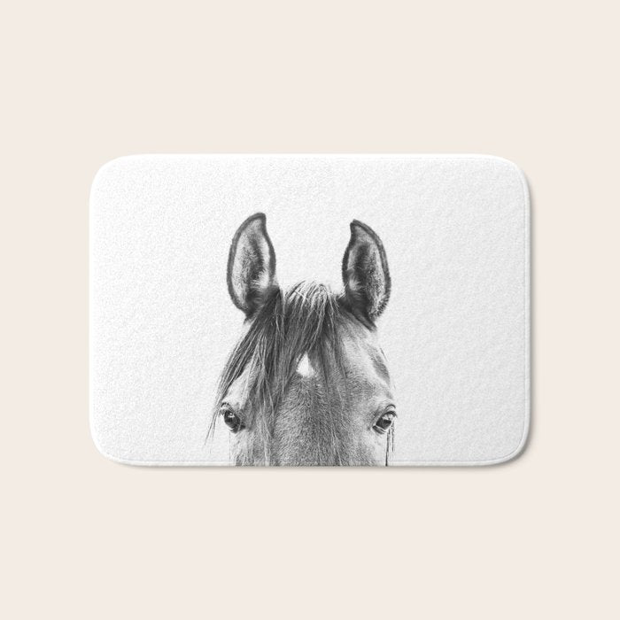 peekaboo horse, bw horse print, horse photo, equestrian print, equestrian photo, equestrian decor Bath Mat Gallery Image 1