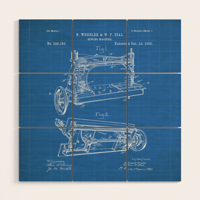 Sewing Machine Patent - Seamstress Craft Sewing Room Art - Blueprint Wood Wall Art Gallery Image 1