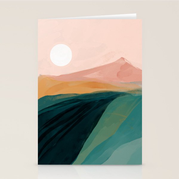 pink, green, gold moon watercolor mountains Stationery Card Gallery Image 2