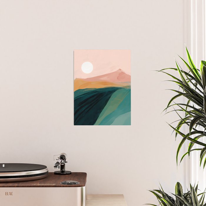 pink, green, gold moon watercolor mountains Poster Gallery Image 2
