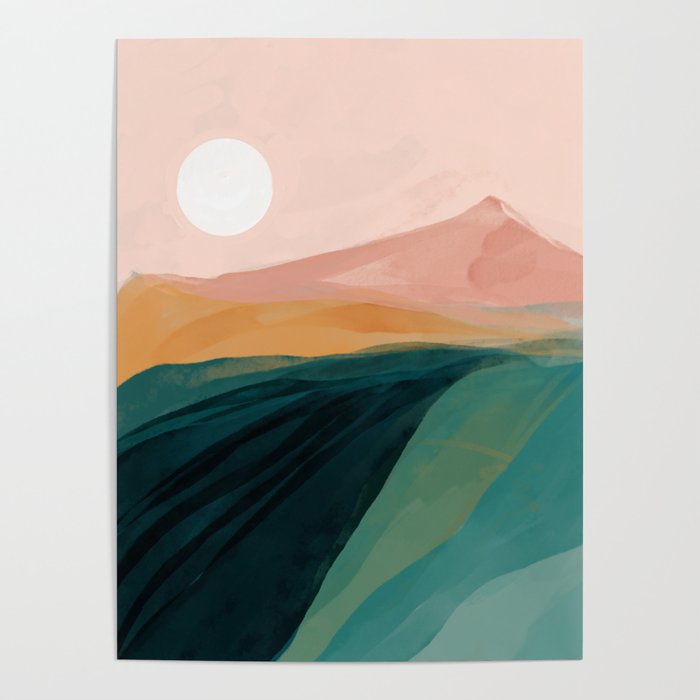 pink, green, gold moon watercolor mountains Poster Gallery Image 4