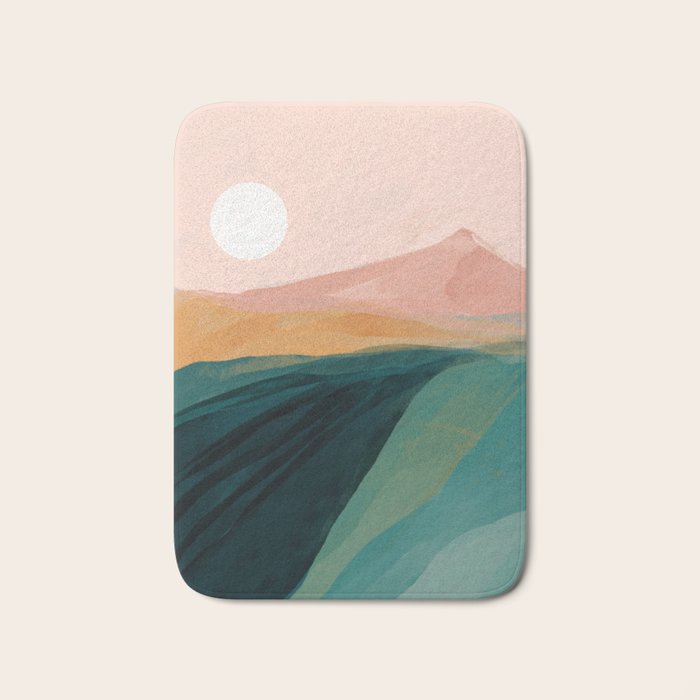 pink, green, gold moon watercolor mountains Bath Mat Gallery Image 1