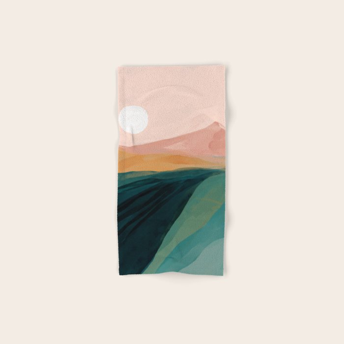pink, green, gold moon watercolor mountains Bath Towel Gallery Image 1