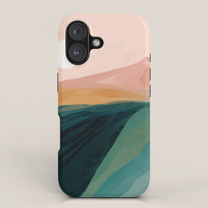 pink, green, gold moon watercolor mountains iPhone Case Gallery Image 1