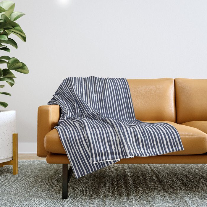Rustic Abstract Stripes, Navy Blue and White Throw Blanket Gallery Image 1