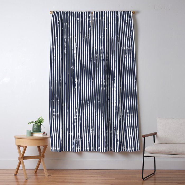 Rustic Abstract Stripes, Navy Blue and White Window Curtain Gallery Image 1