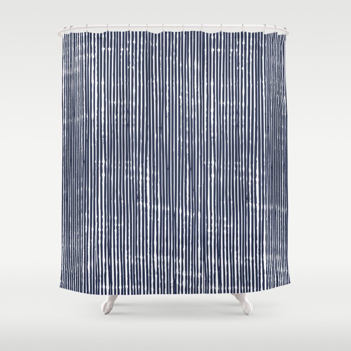 Rustic Abstract Stripes, Navy Blue and White Shower Curtain Gallery Image 1