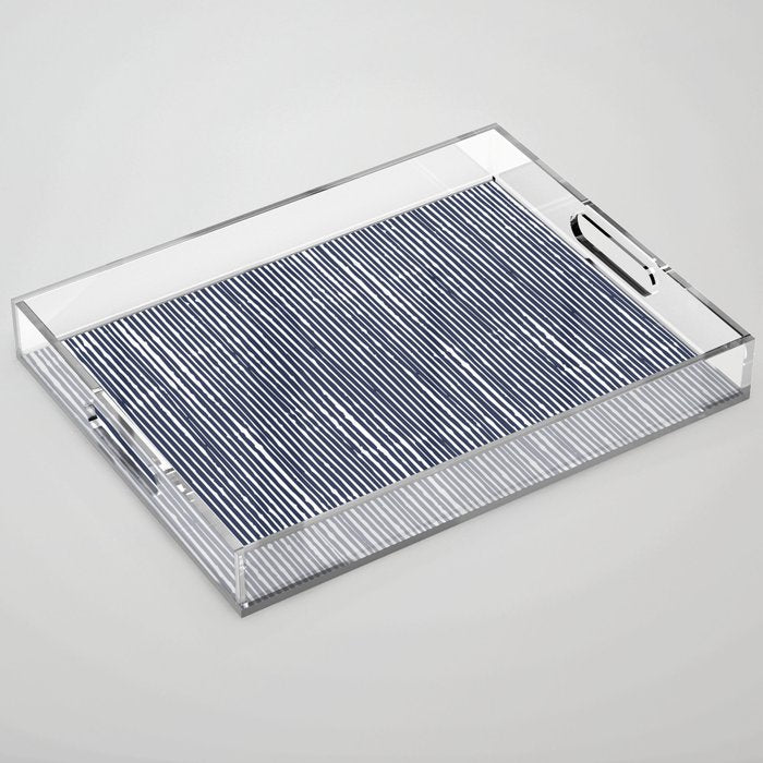 Rustic Abstract Stripes, Navy Blue and White Acrylic Tray Gallery Image 1