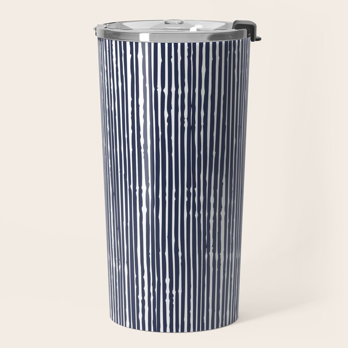 Rustic Abstract Stripes, Navy Blue and White Travel Mug Gallery Image 2
