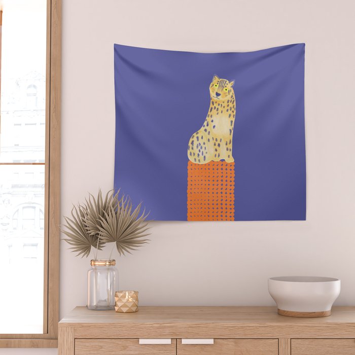Relaxing Leopard - Orange and Very Peri Wall Tapestry Gallery Image 2