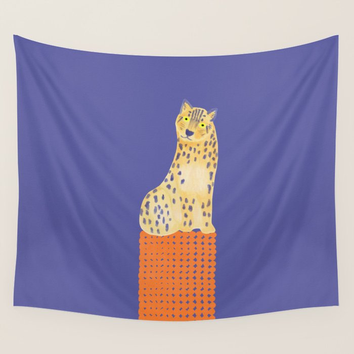 Relaxing Leopard - Orange and Very Peri Wall Tapestry