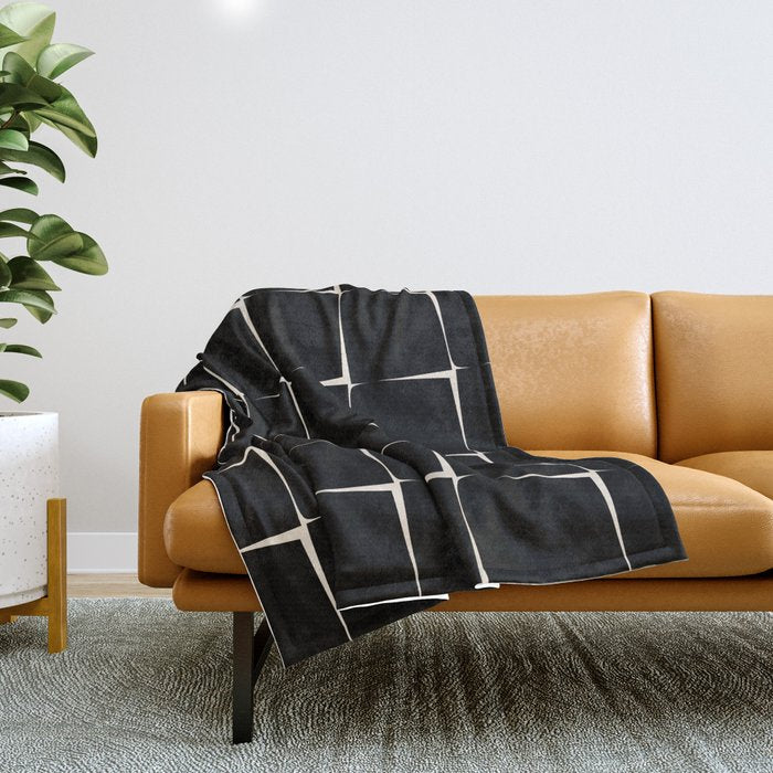 Midcentury Flux Minimalist Pattern in Black and Almond Cream Throw Blanket Gallery Image 1