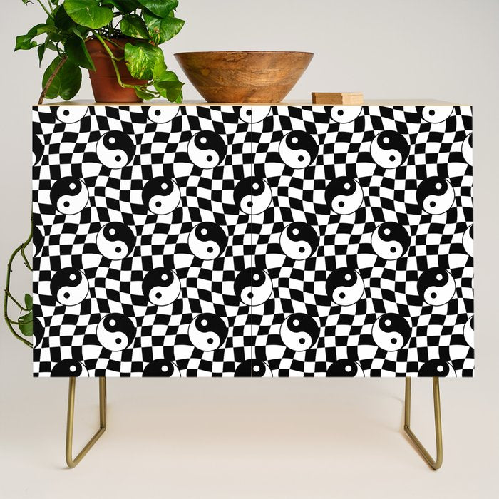 Black and white yin yang checkered pattern Credenza Gallery Image 1