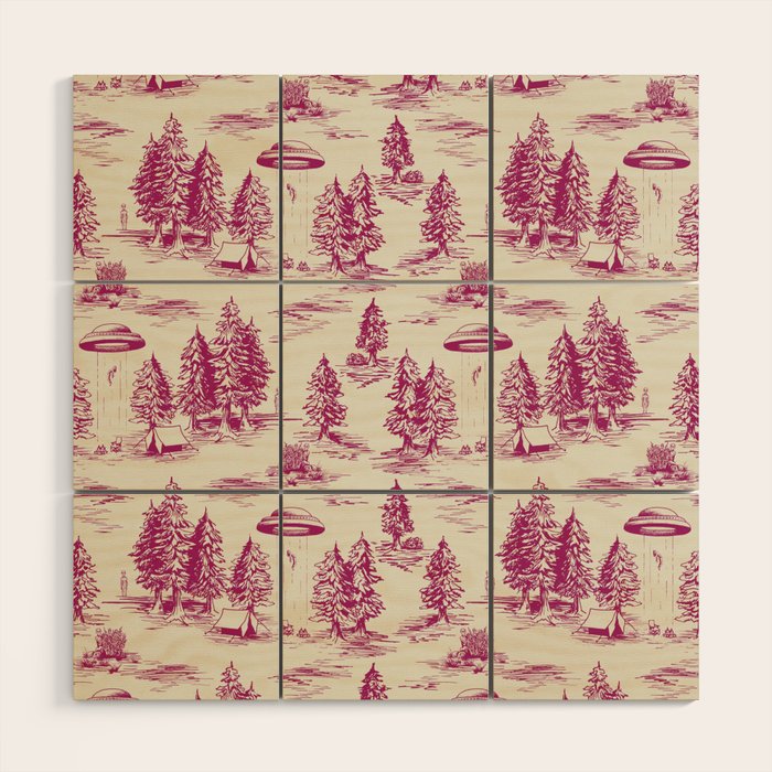 Magenta Alien Abduction Toile De Jouy Pattern Wood Wall Art Gallery Image 1