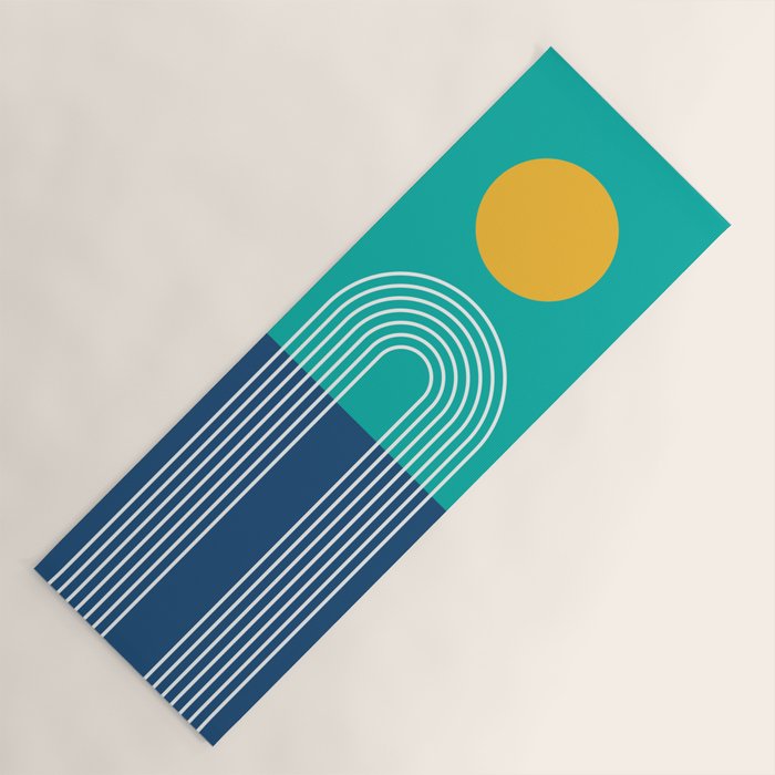 Geometric Lines in Blue Teal Yellow (Sun and Rainbow abstraction) Yoga Mat Gallery Image 1