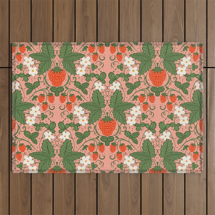 Elegant Strawberry and Floral Botanical Pattern Outdoor Rug Gallery Image 1