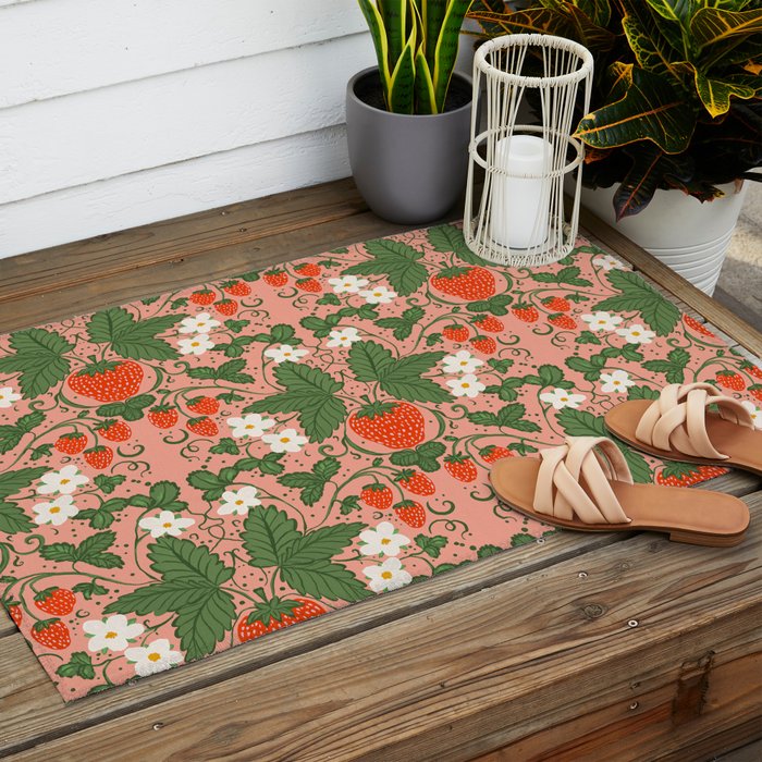 Elegant Strawberry and Floral Botanical Pattern Outdoor Rug Gallery Image 2