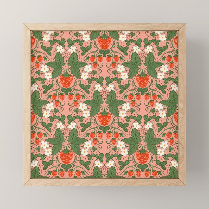 Elegant Strawberry and Floral Botanical Pattern Mini Art Print Gallery Image 1